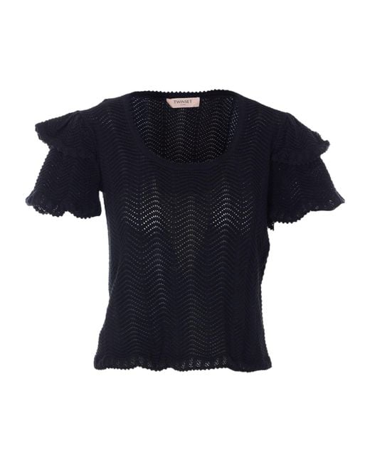 Twinset Blue Ruffled Openwork Knitted Top