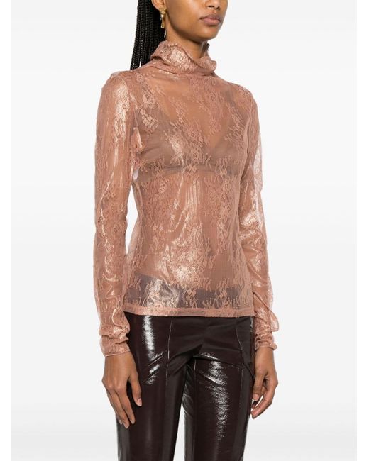 Pinko Pink Lace-Detailed Roll-Neck Semi-Sheer Top