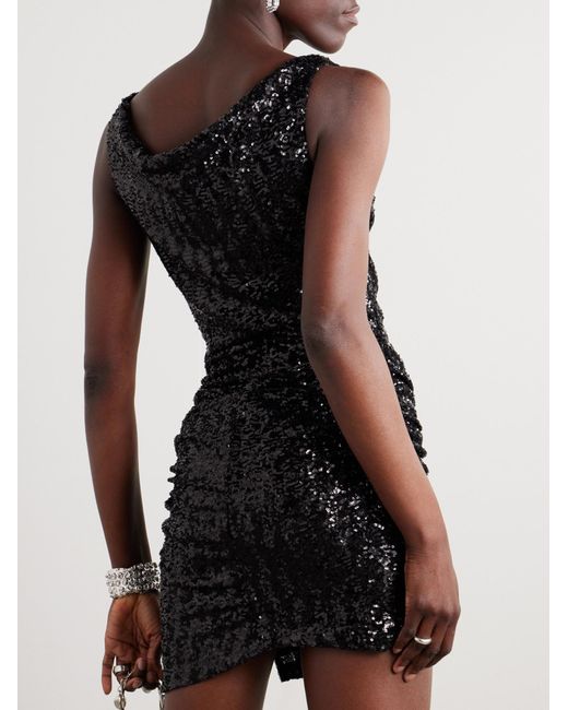 Rabanne Black Bow-Decorated Sequined Ruffle Woven Mini Dress