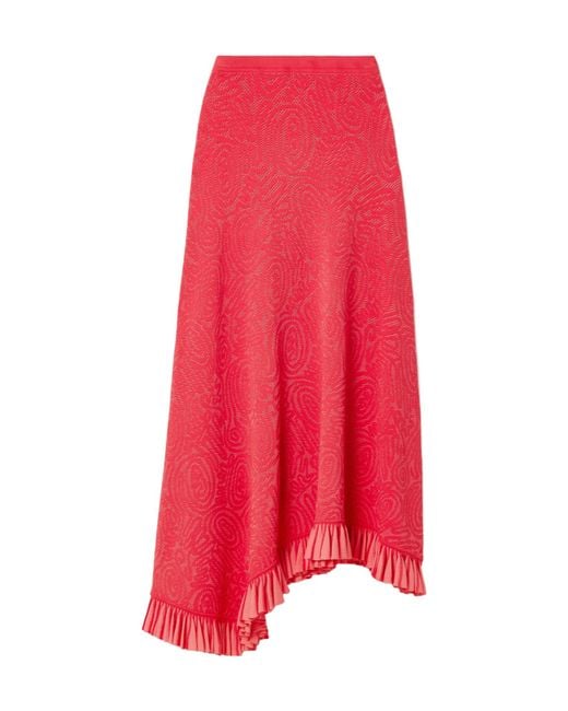Ulla Johnson Red Josephine Asymmetric Ruffled Two-Tone Pointelle-Knit Midi Skirt