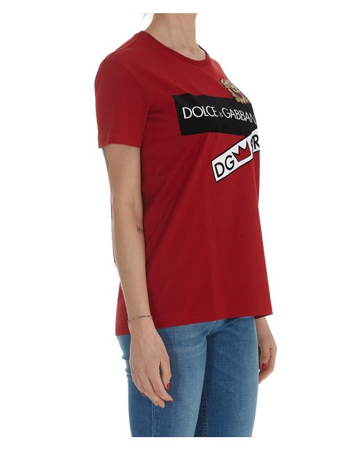 Dolce & Gabbana Red Bead-Embellished Logo-Print T-Shirt