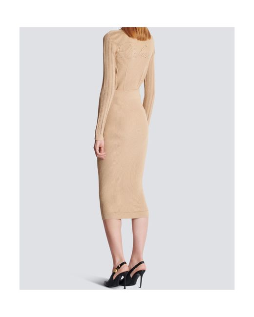 Balmain Natural Button Detailed Ribbed Pencil Skirt