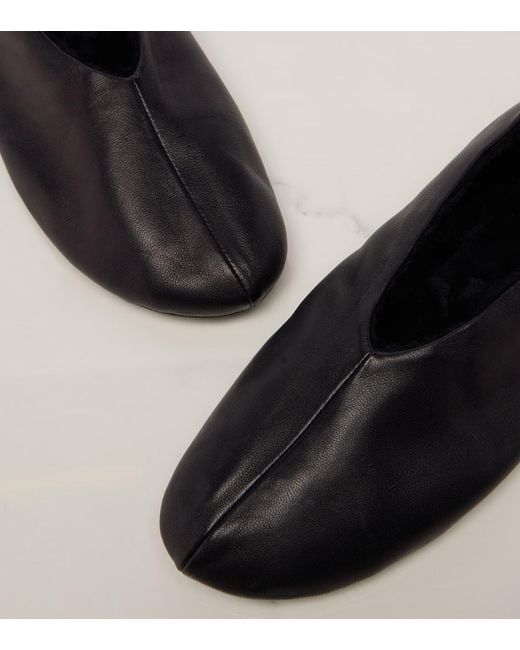 The Row Black Stella Shearling-Trimmed Leather Ballet Flats
