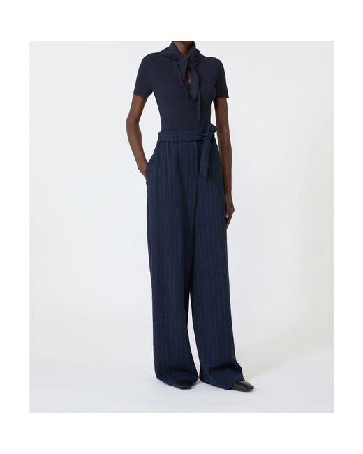 Max Mara Blue Ribbed-Knit Tie-Detail Short-Sleeve Sweater