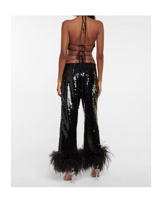 Magda Butrym Black Feather-Trimmed Sequined Straight Pants