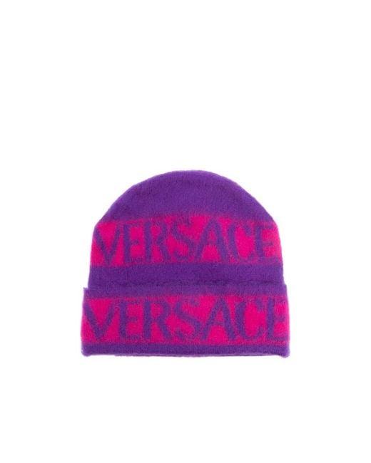 Versace Pink Logo-Print Brushed-Effect Beanie