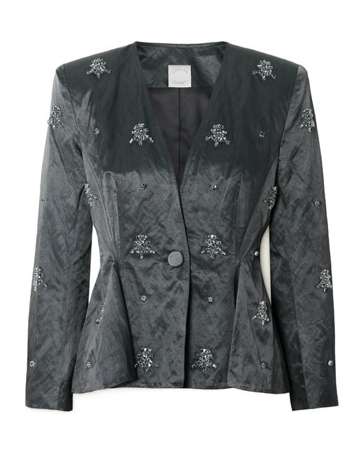 Huishan Zhang Black Antoine Crystal-Embellished Crinkled Satin-Twill Blazer