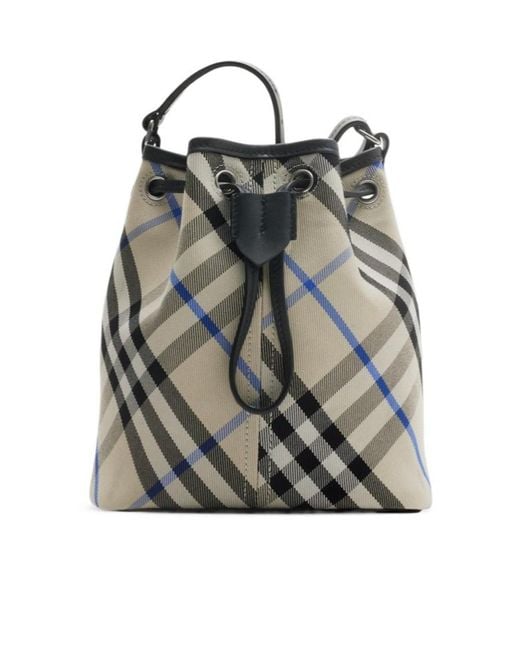 Burberry Gray Mini Checked Drawstring Bucket Bag
