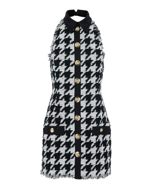 Balmain White And Halterneck Mini Dress With Houndstooth Motif