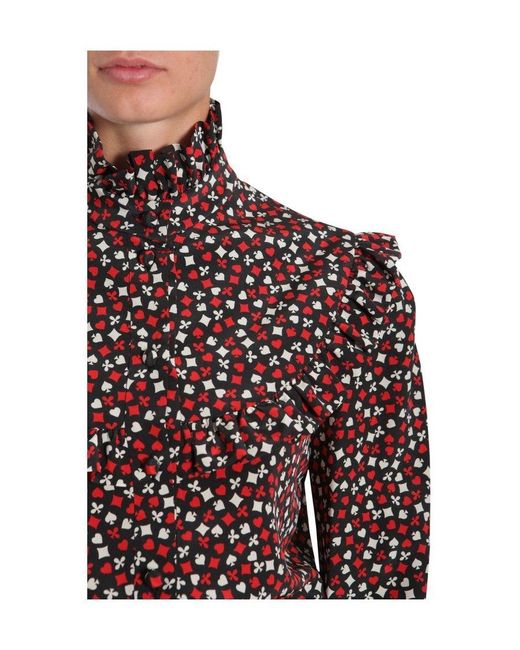 Saint Laurent Red Printed Ruffle Trim Blouse