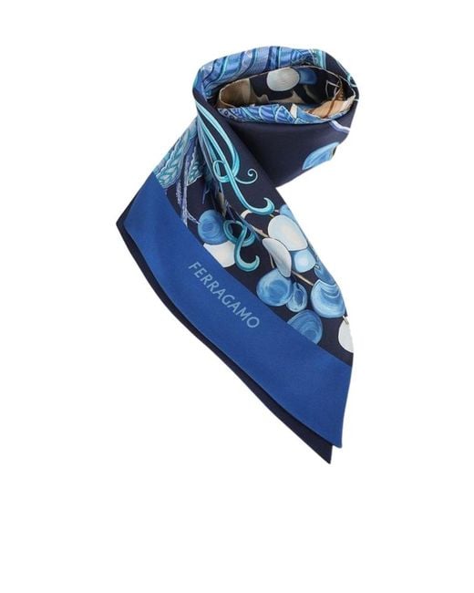 Ferragamo Blue Patterned Printed Silk Scarf