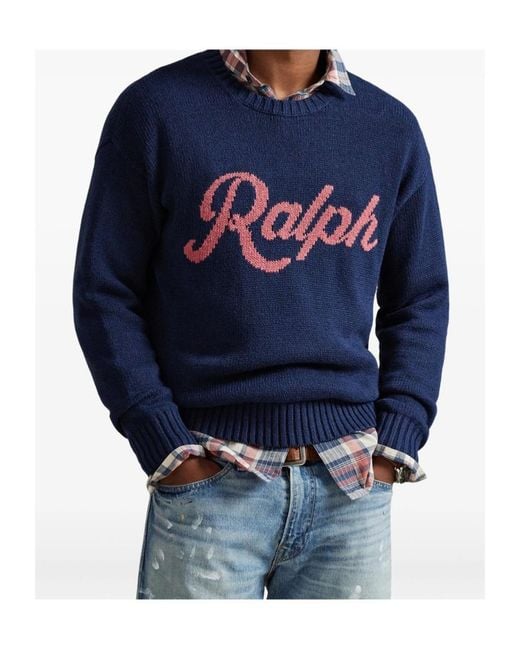 Polo Ralph Lauren Blue Logo Intarsia Knitted Sweater for men