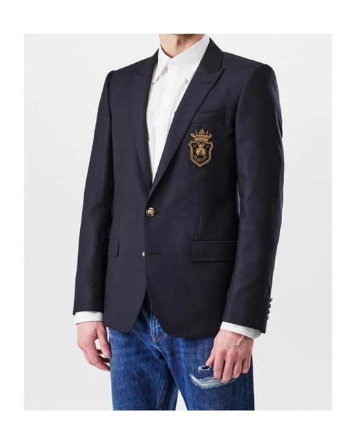 Dolce & Gabbana Blue Embossed Patches Single-Button Suit Jacket for men