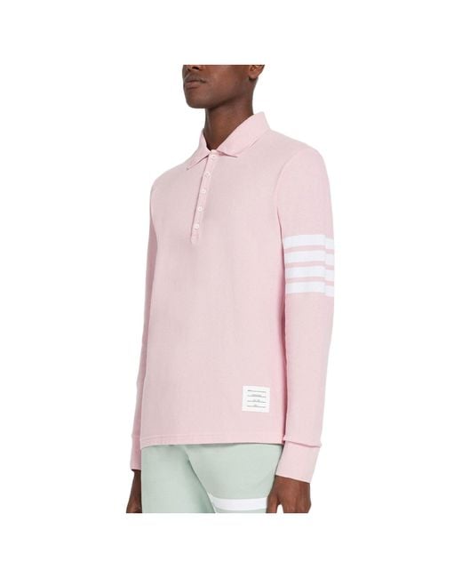 Thom Browne Pink 4-Bar Stripe Long-Sleeved Polo Shirt for men
