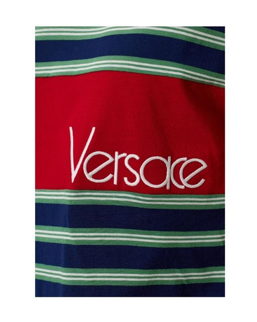 Versace Logo Embroidered Striped Knitted T-Shirt