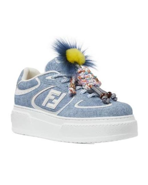 Fendi Blue Denim-Effect Printed Suede Platform Sneakers With Charms