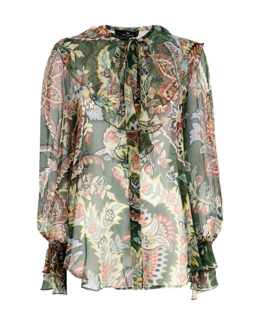 Etro Green Floral-Printed Ruffled Shirt