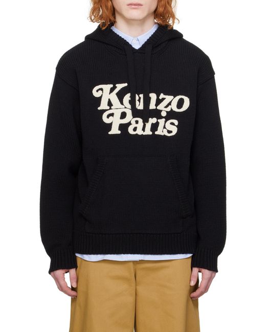 KENZO Black Logo Detailed Drawstring Knit Hoodie for men