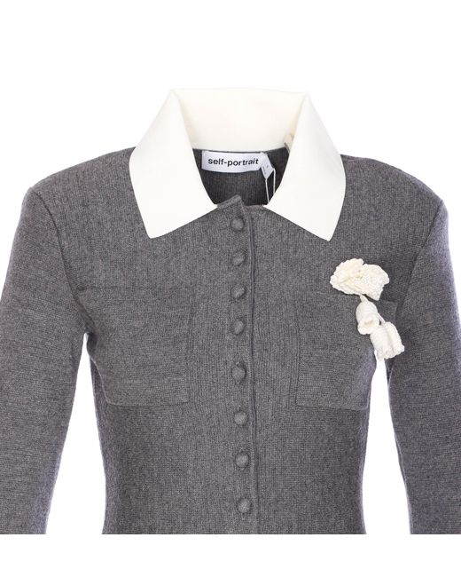 Self-Portrait Gray Crochet Flower Collared Knitted Mini Dress