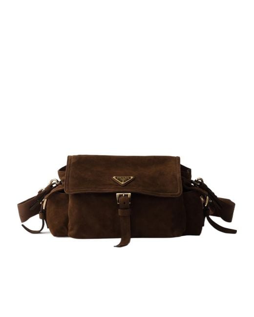 Prada Brown Explore Medium Suede Shoulder Bag