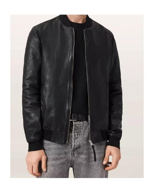 AllSaints Black Zip-Up Leather Bomber Jacket for men