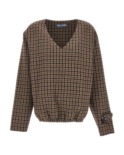 Prada Brown Checked V-Neck Top