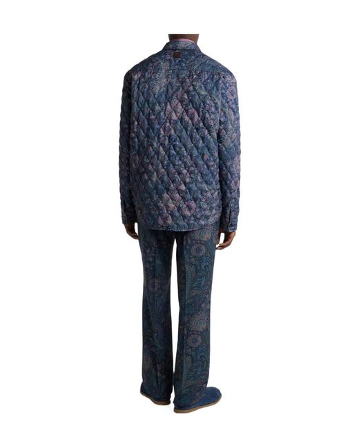 Etro Blue Quilted Overshirt With Floral Paisley Motif for men
