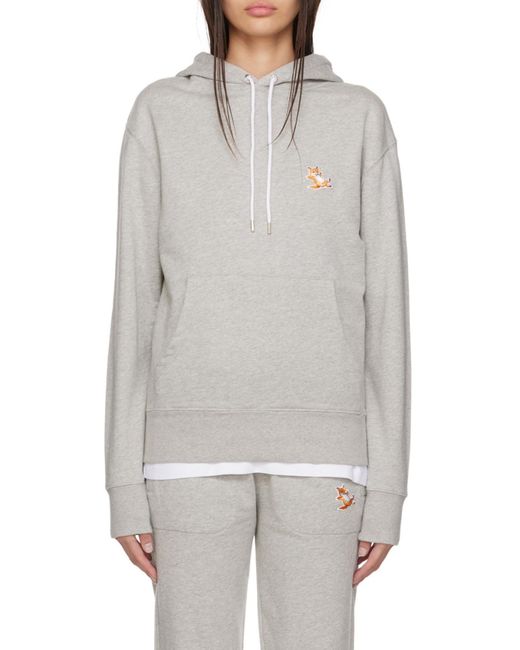 Maison Kitsuné Gray Fox-Embroidered Cotton Hoodie for men