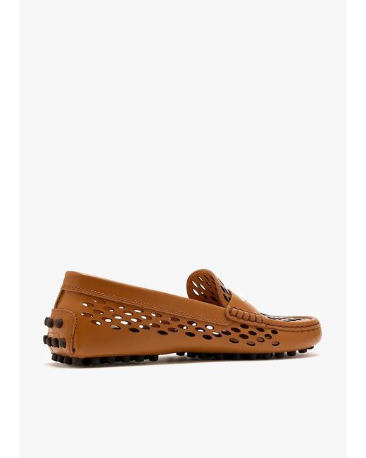 Tod's Brown Logo Engraved Perforated Loafers