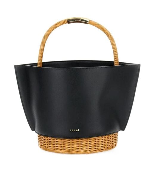 Sacai Black Logo Printed Woven Handle Bucket Bag