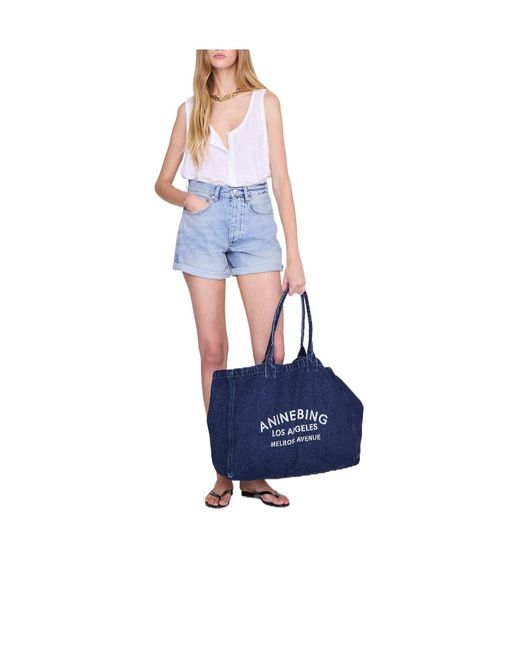 Anine Bing Blue Solid Color Denim Tote Bag