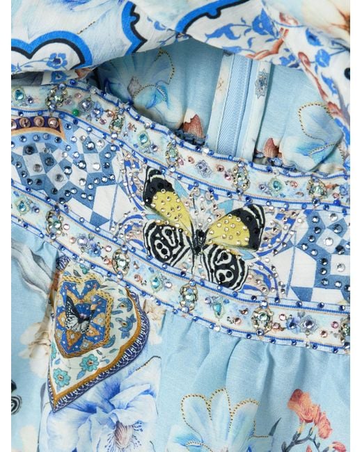 Camilla Blue Crystal-Embellished Linen And Silk-Blend Mini Dress