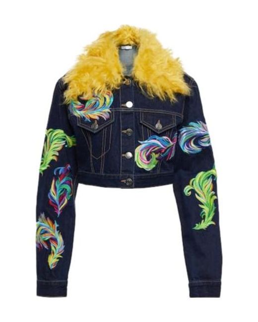 Area Blue Mohair-Trimmed Cropped Denim Jacket