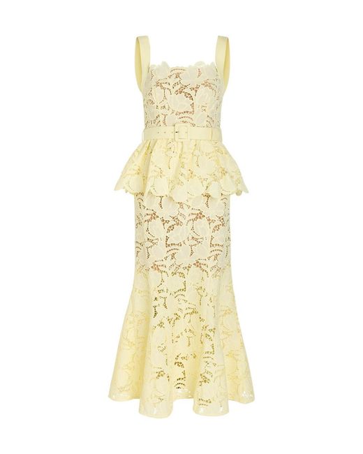 Self-Portrait Yellow Belted Floral Guipure-Lace Midi Dress