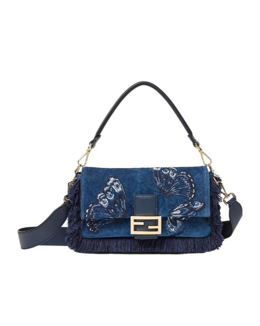 Fendi Blue Butterfly Fringe Baguette Tote Bag