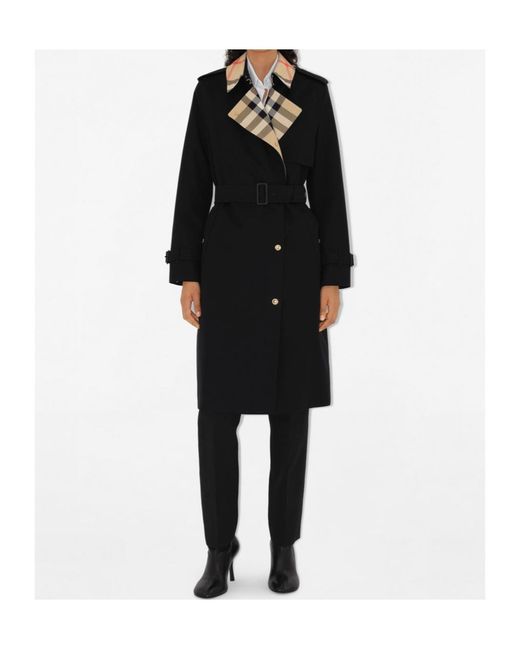 Burberry Black Long Check Collar Gabardine Trench Coat
