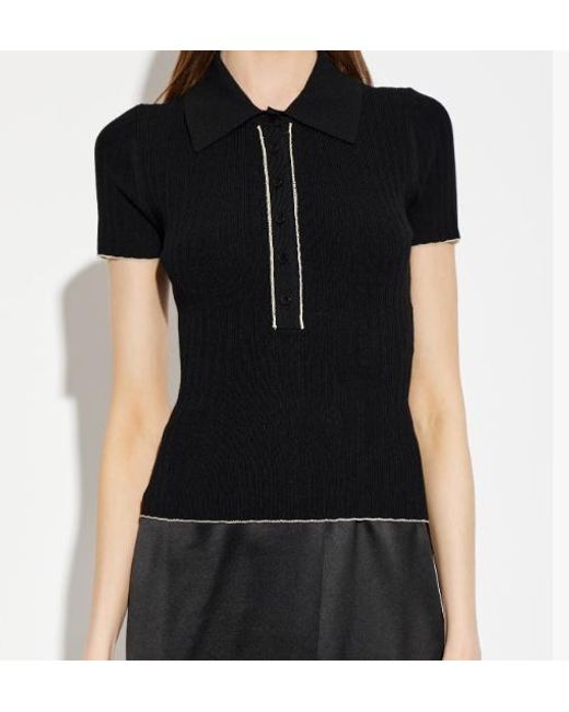 By Malene Birger Black Benita Ribbed-Knit Polo Shirt