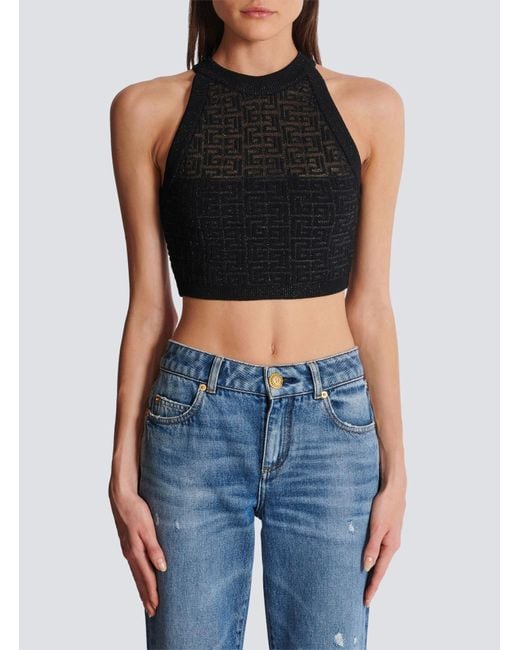 Balmain Black Metallic Monogram Jacquard Crop Top