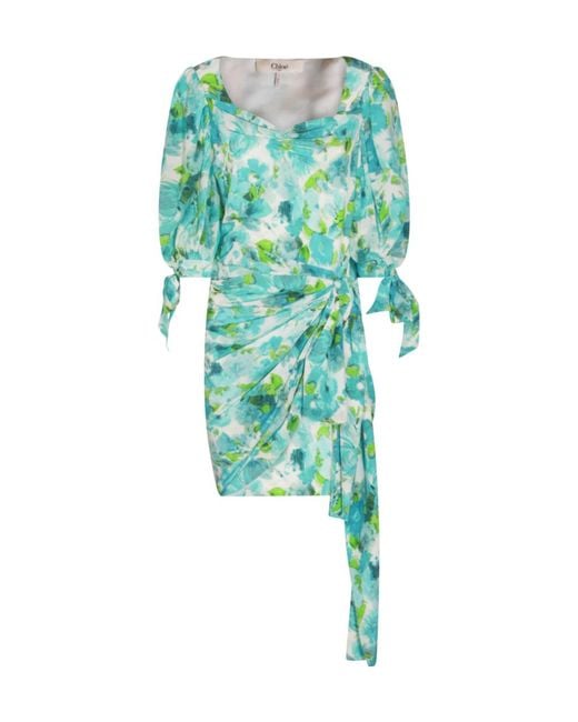 Chloé Green Chloé Ruched Floral Asymmetric Dress