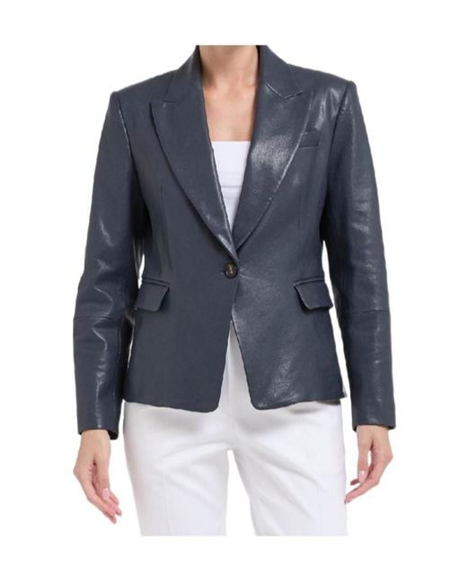 Brunello Cucinelli Blue Long-Sleeved Leather Jacket