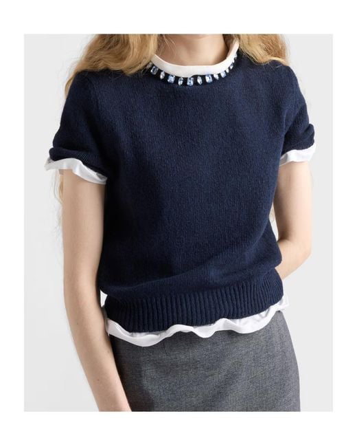 Prada Blue Embellished Short-Sleeved Jumper