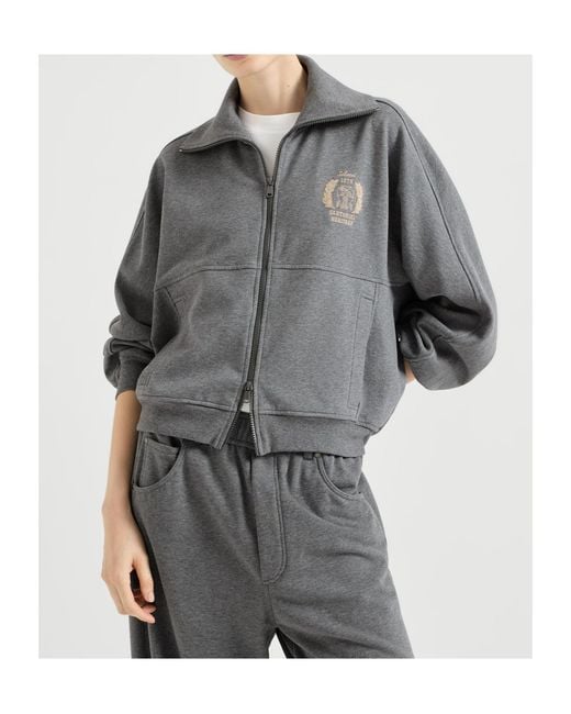 Brunello Cucinelli Gray Logo-Embroidered Zip-Up Hoodie