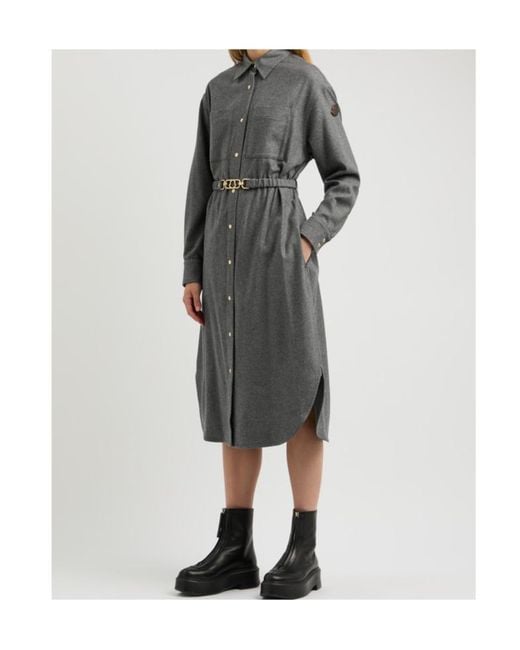 Moncler Gray Belted Wool-Blend Midi Shirt Dress