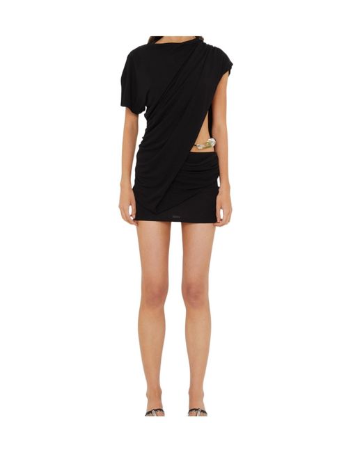 Christopher Esber Black Short Sleeve Draped Embellished Mini Dress