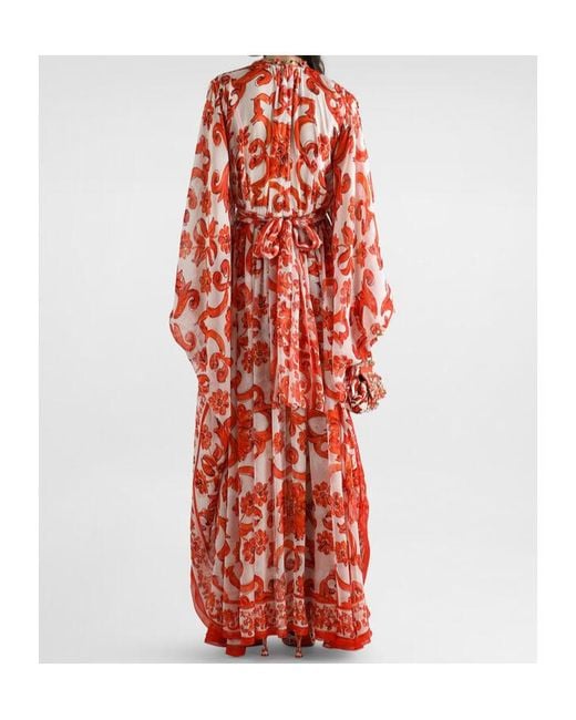 Dolce & Gabbana Red Maiolica-Print Silk Kaftan Long Dress
