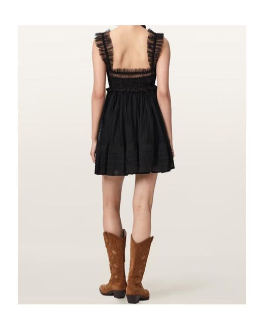 AllSaints Black Angela Gathered Frill Mini Dress