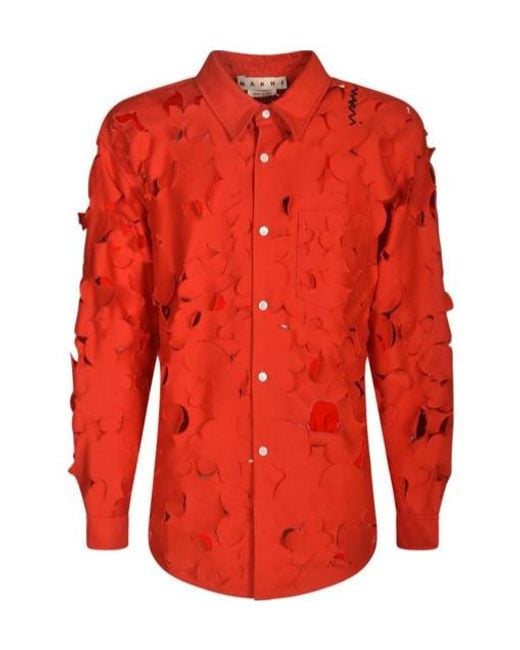 Marni Red Cut Out Detailed Boxy Fit Shirt for men