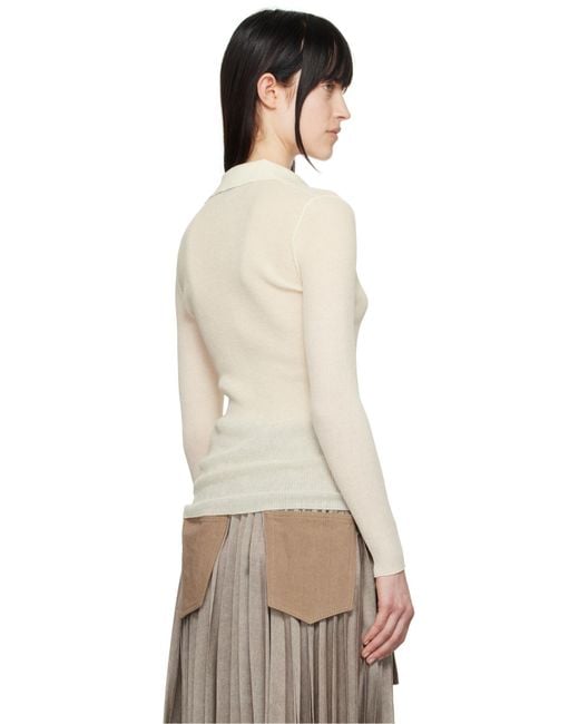 Moncler Natural Long-Sleeved Fine Ribbed Polo Top