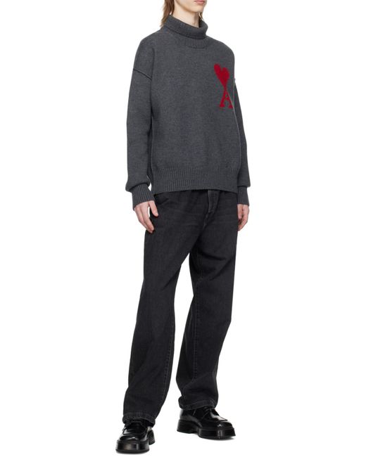 AMI Gray Ami De Coeur Logo Intarsia Knitted Roll-Neck Jumper for men