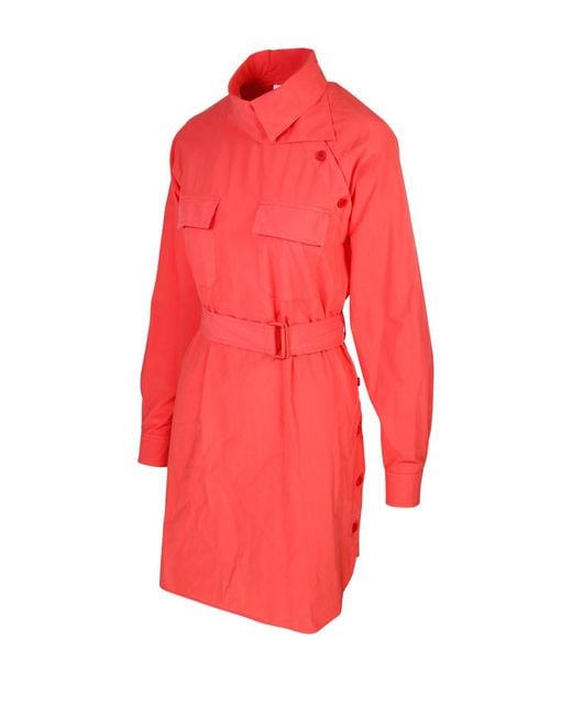 KENZO Red Asymmetric Neckline Belted Shirt Dress